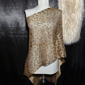Metallic Leopard Print Fringe Poncho Wrap Glam Festival / Boho Cover Up